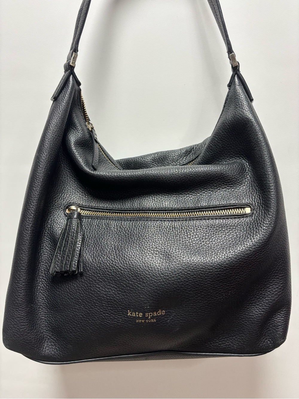 kate spade Black Pebbled Leather Shoulder Hobo with Tassel Zip